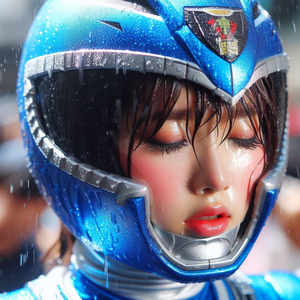 The heroine is beautiful as she sweats in the Super Sentai open mask.