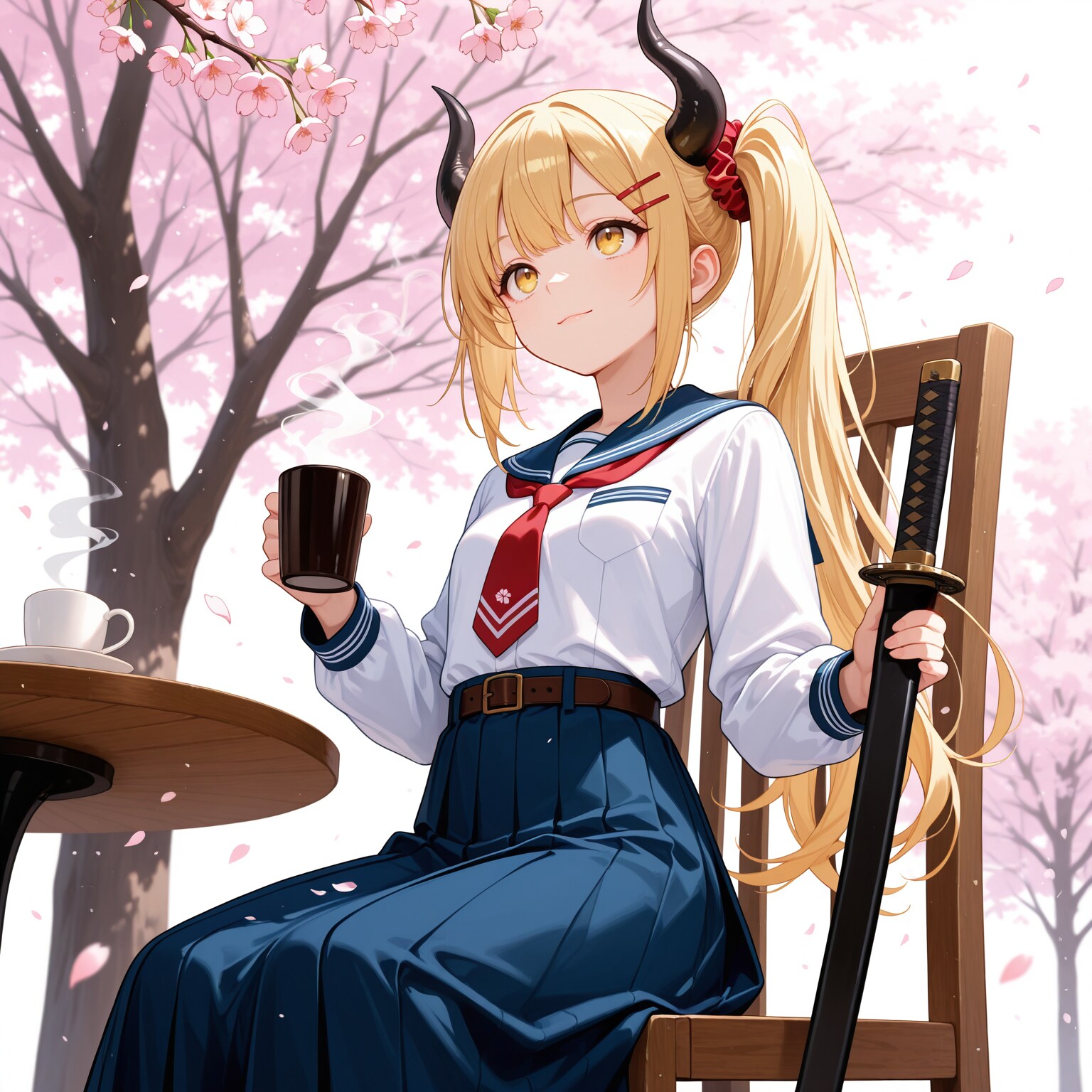 花見会場で珈琲を飲みながら桜を楽しむ女鬼高生さん | の人気AIイラスト・グラビア