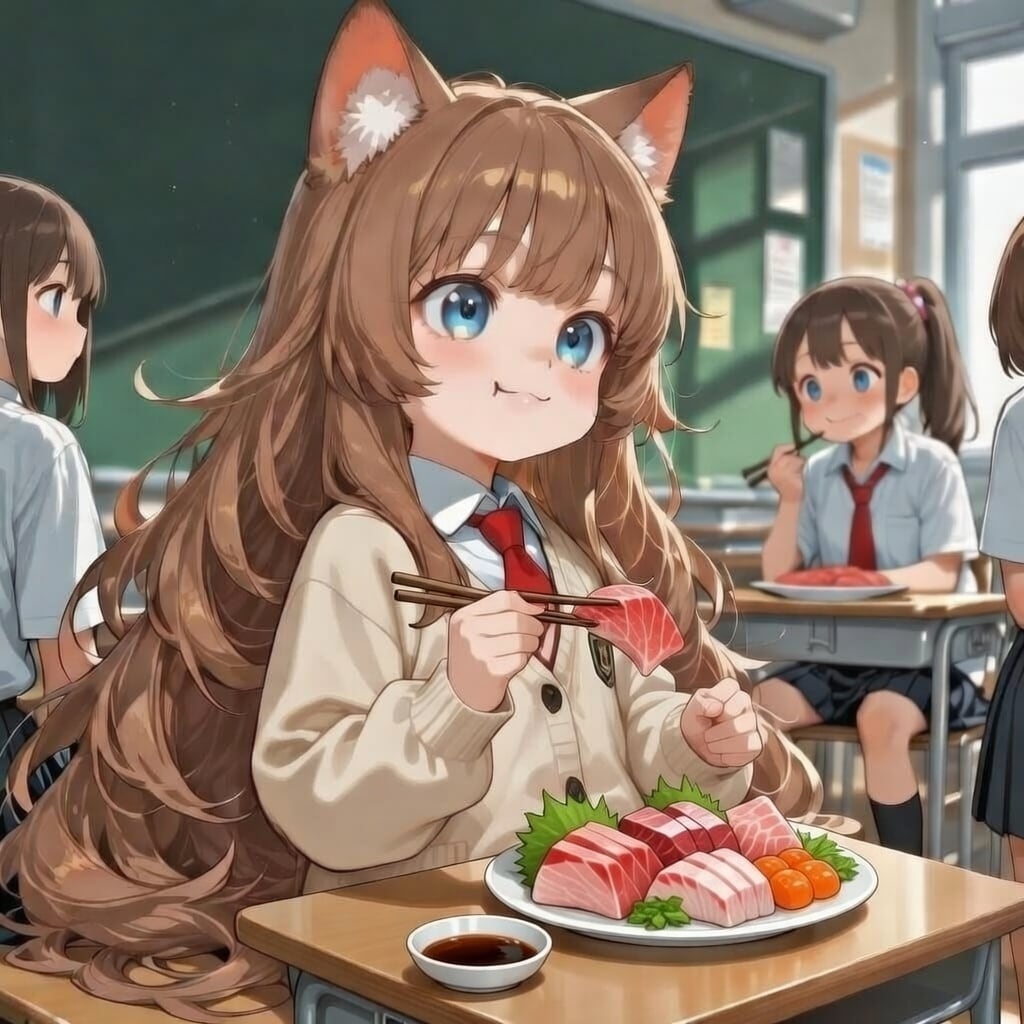教室でお刺身を食べている小さな女の子