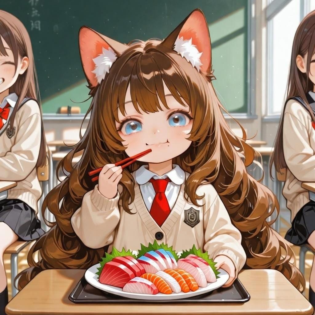 教室でお刺身を食べている小さな女の子