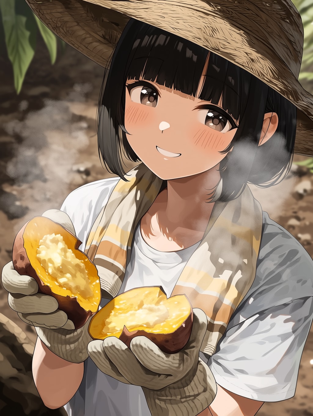 ウチでとれだおいもさ食うか？