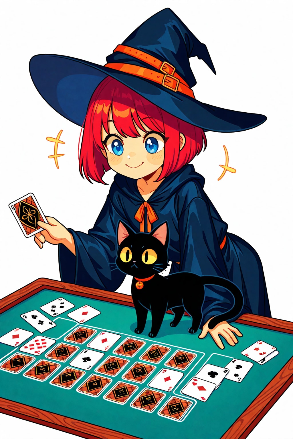 カードで遊ぶ魔女と黒猫