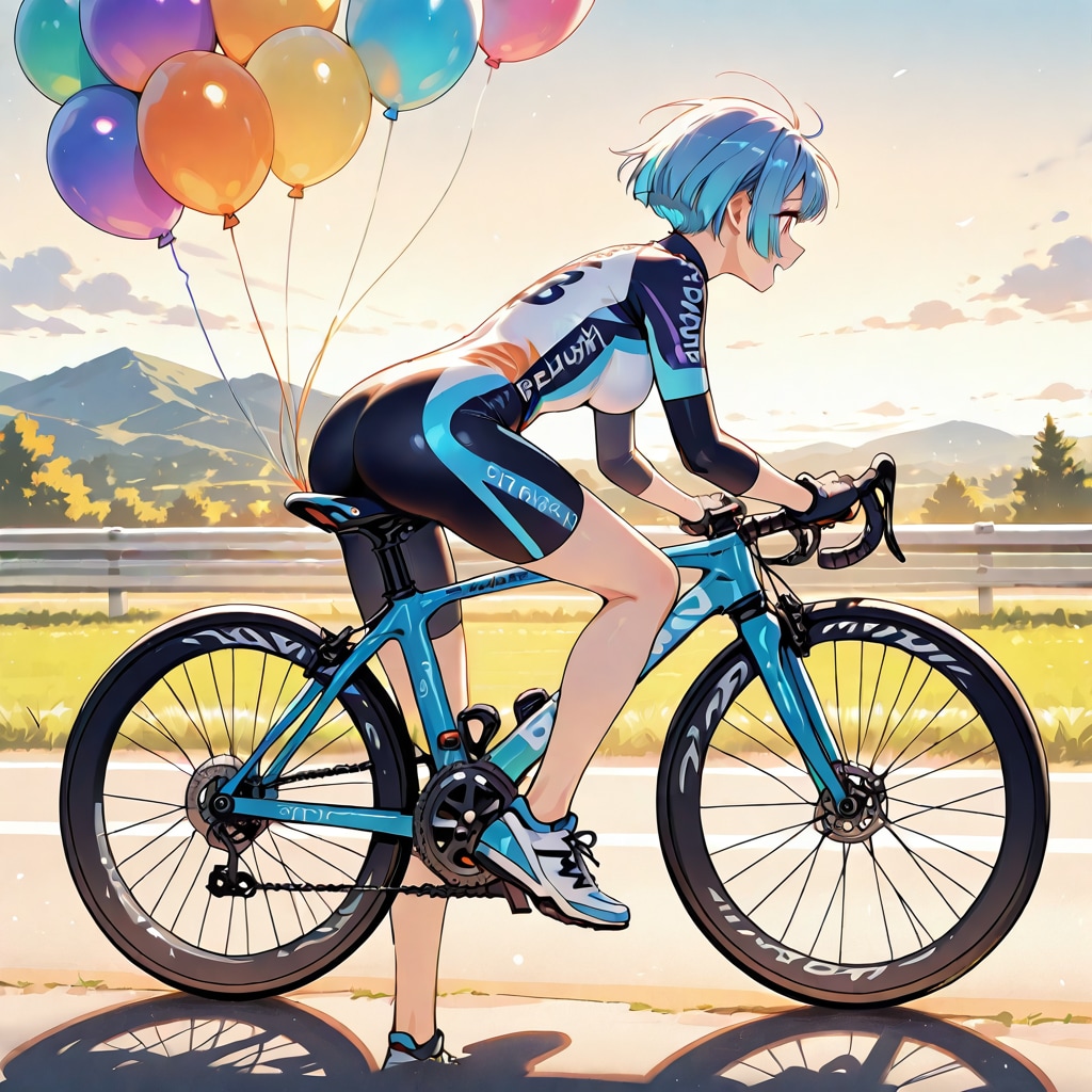 いっぱい色とりどりの風船を持つロードバイク乗っている美女 | の人気AIイラスト・グラビア