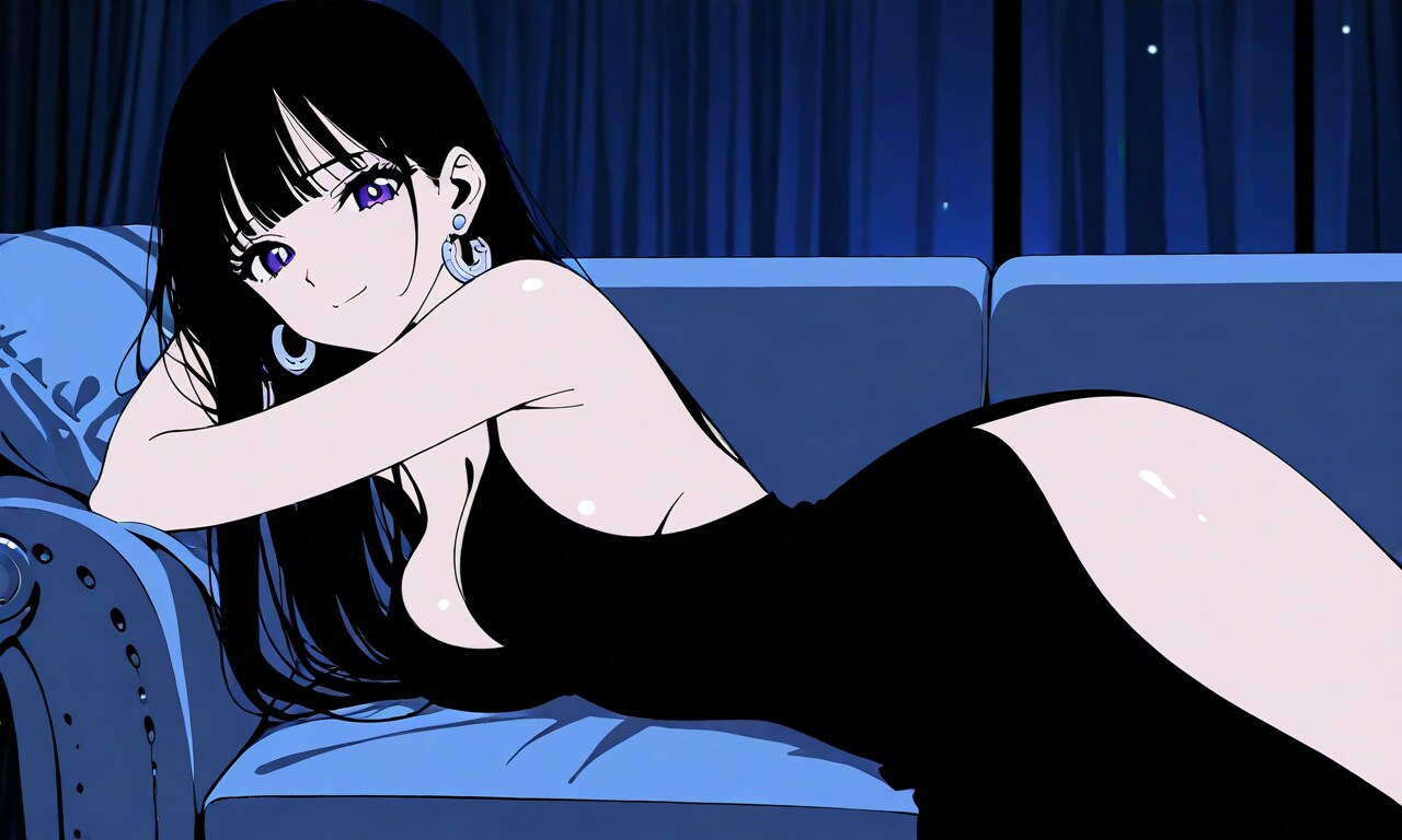 黒ドレス、ソファ