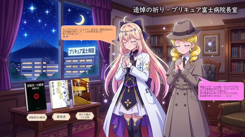 エリザとアルカナ院長、東野圭吾さんの冥福を祈る