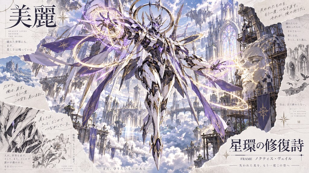 Frame Noctis Veil, weaving light back into a shattered sky kingdom of statues and stone.  Beauty liv