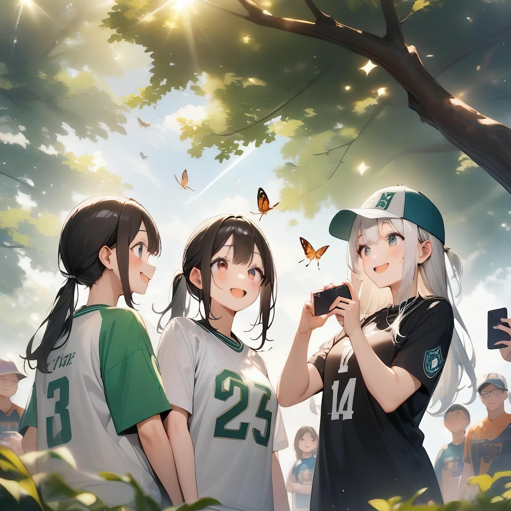 自然観察中の生物部の女子高生たち