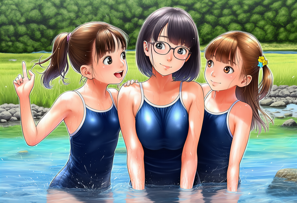 川で遊ぶスク水たち