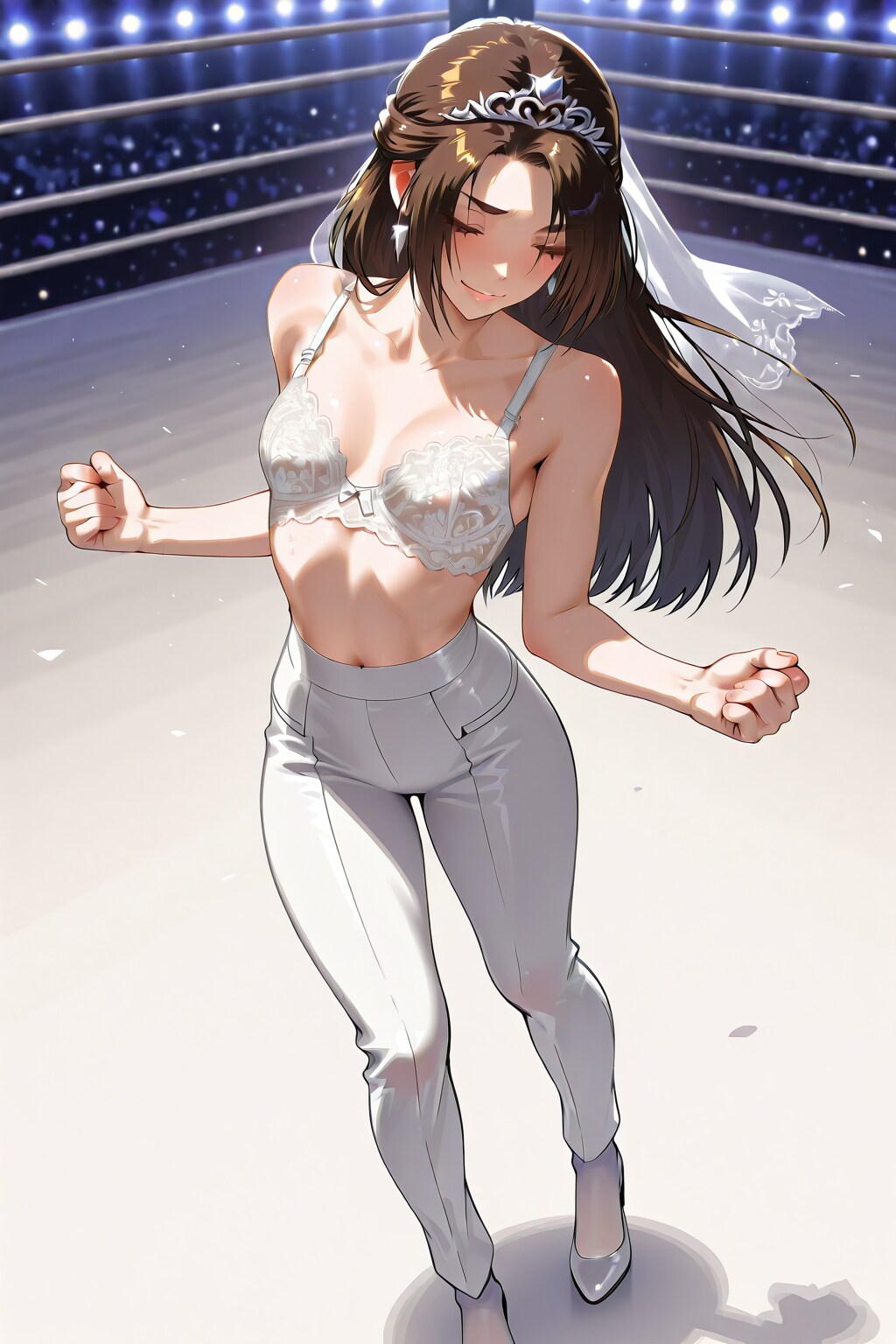 黒髪美女レスラーの純白衣装
