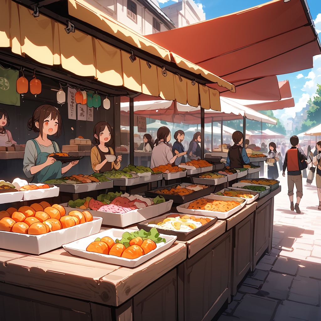 市場、屋台、食事、昼時