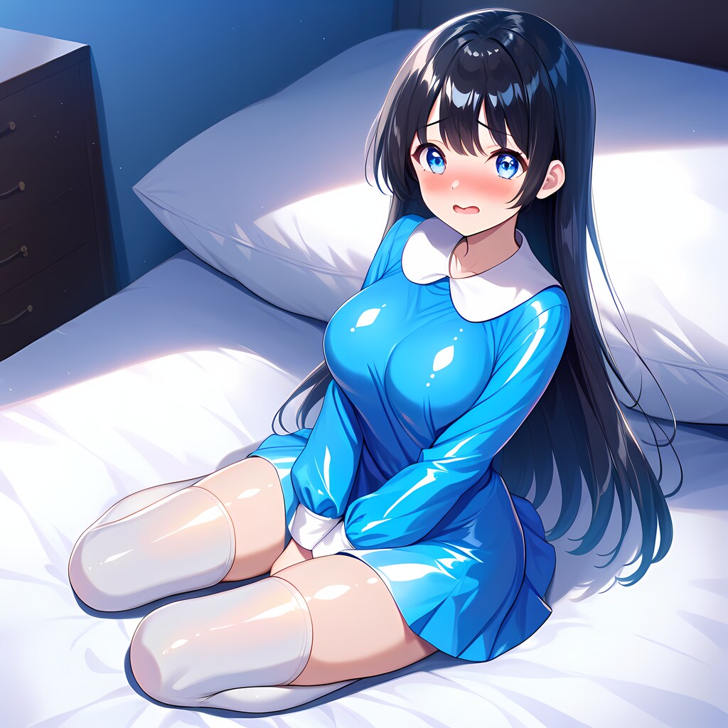 空色エナメルスモック白サイハイソックス