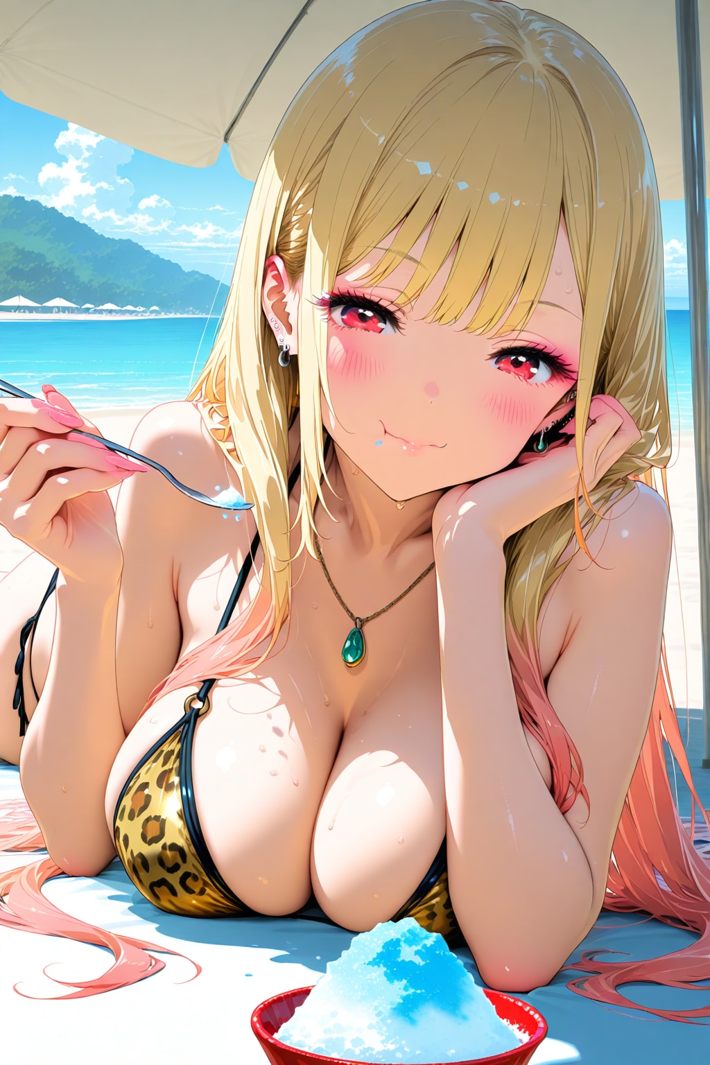 海水浴でかき氷食べる豹柄海夢ちゃん🐆👙🍧🏖️😍