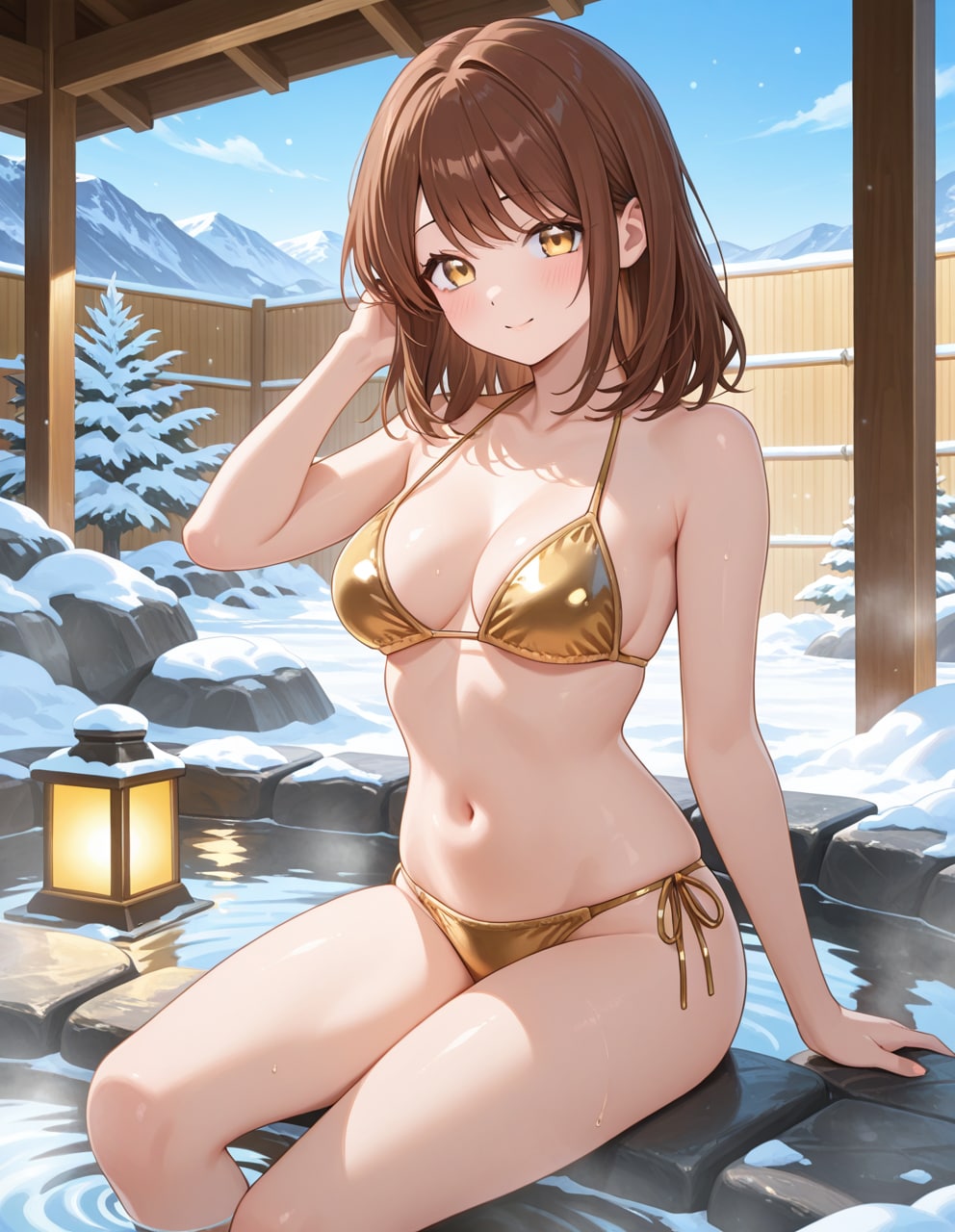 金色ビキニの心実と温泉(PixAI版)