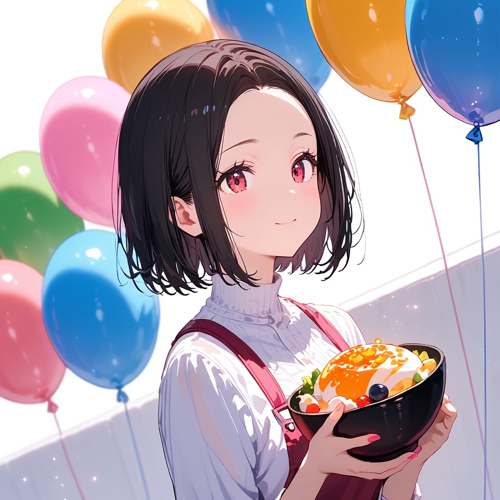 いっぱい風船を持つ黒髪ショートカットのどんぶり持っている美女。 | の人気AIイラスト・グラビア