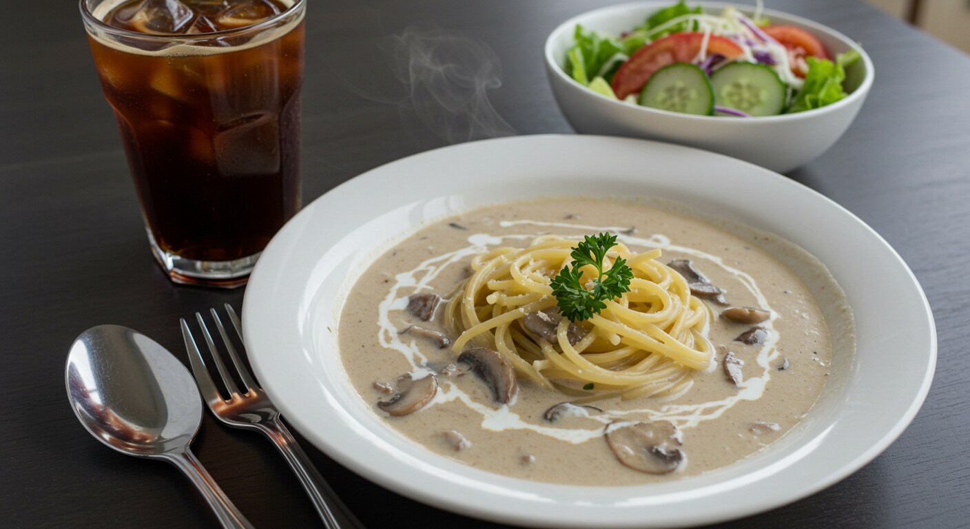 摩訶不思議食堂の茸のクリームパスタと新鮮野菜サラダのセット | の人気AIイラスト・グラビア