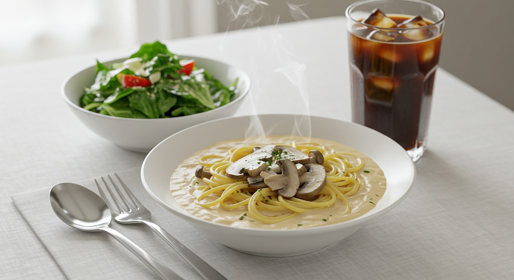 摩訶不思議食堂の茸のクリームパスタと新鮮野菜サラダのセット