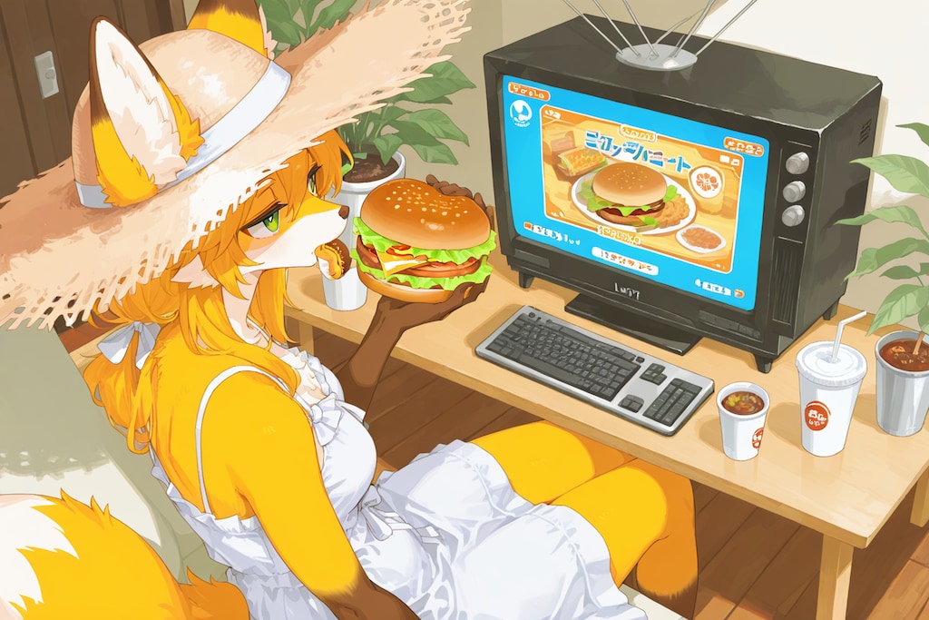 キツネさんハンバーガー中