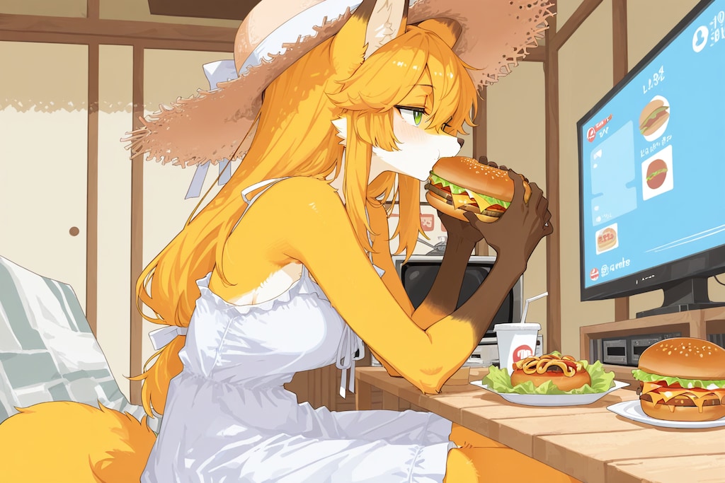 キツネさんハンバーガー中