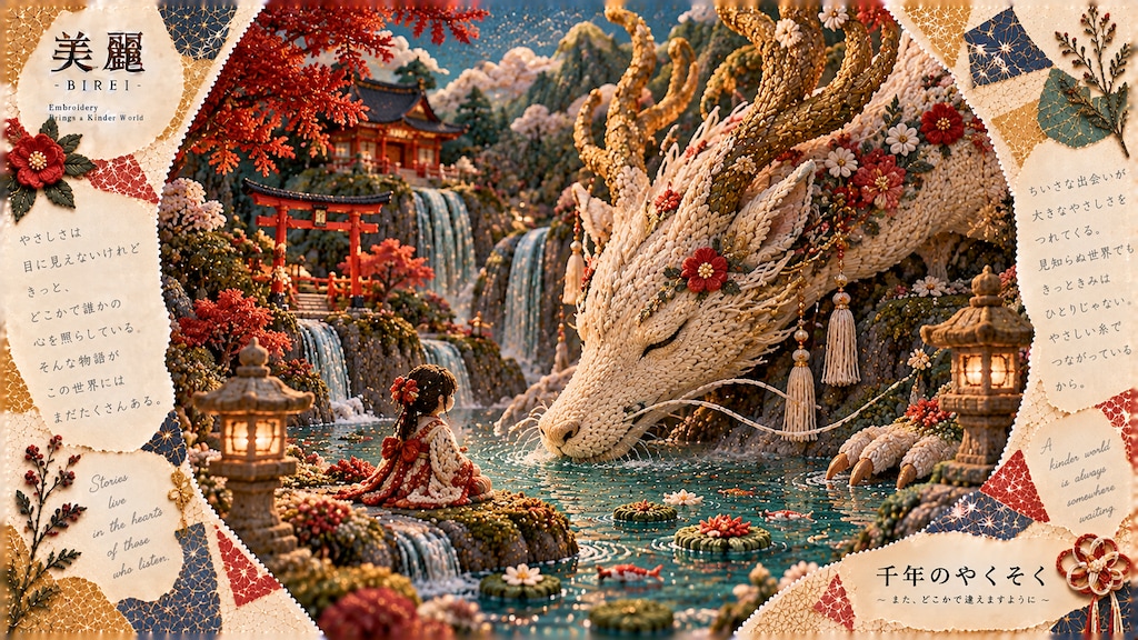 A girl sitting quietly beside a dragon woven entirely of thread, sharing the hush of a waterfall shr