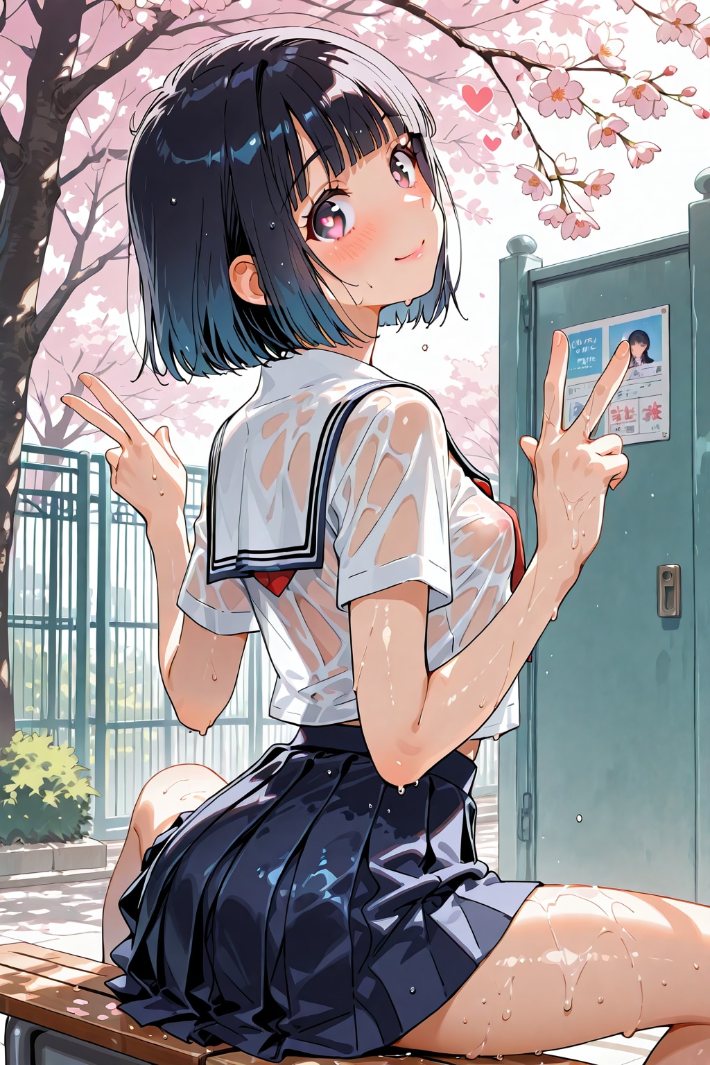 入学式の日に校門前でピース