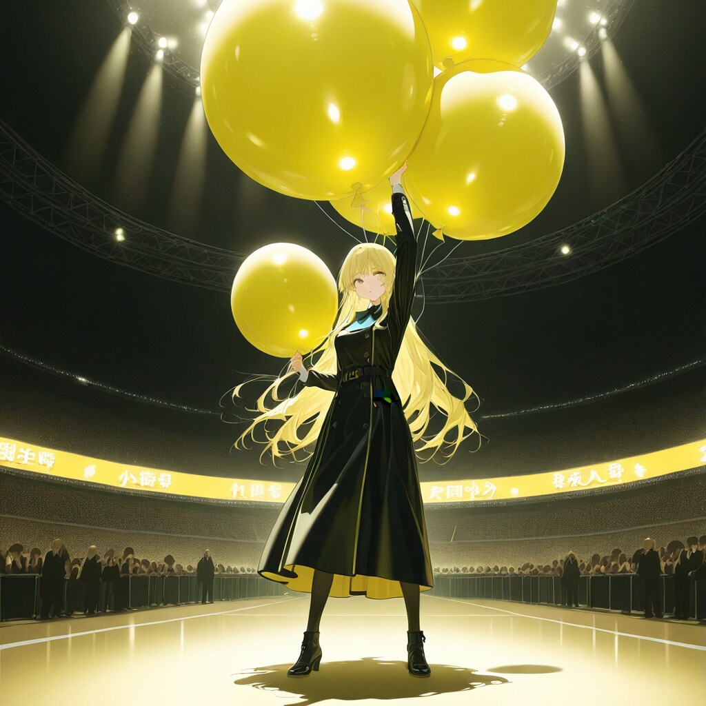 黄色の巨大風船を持つブロンドの美女