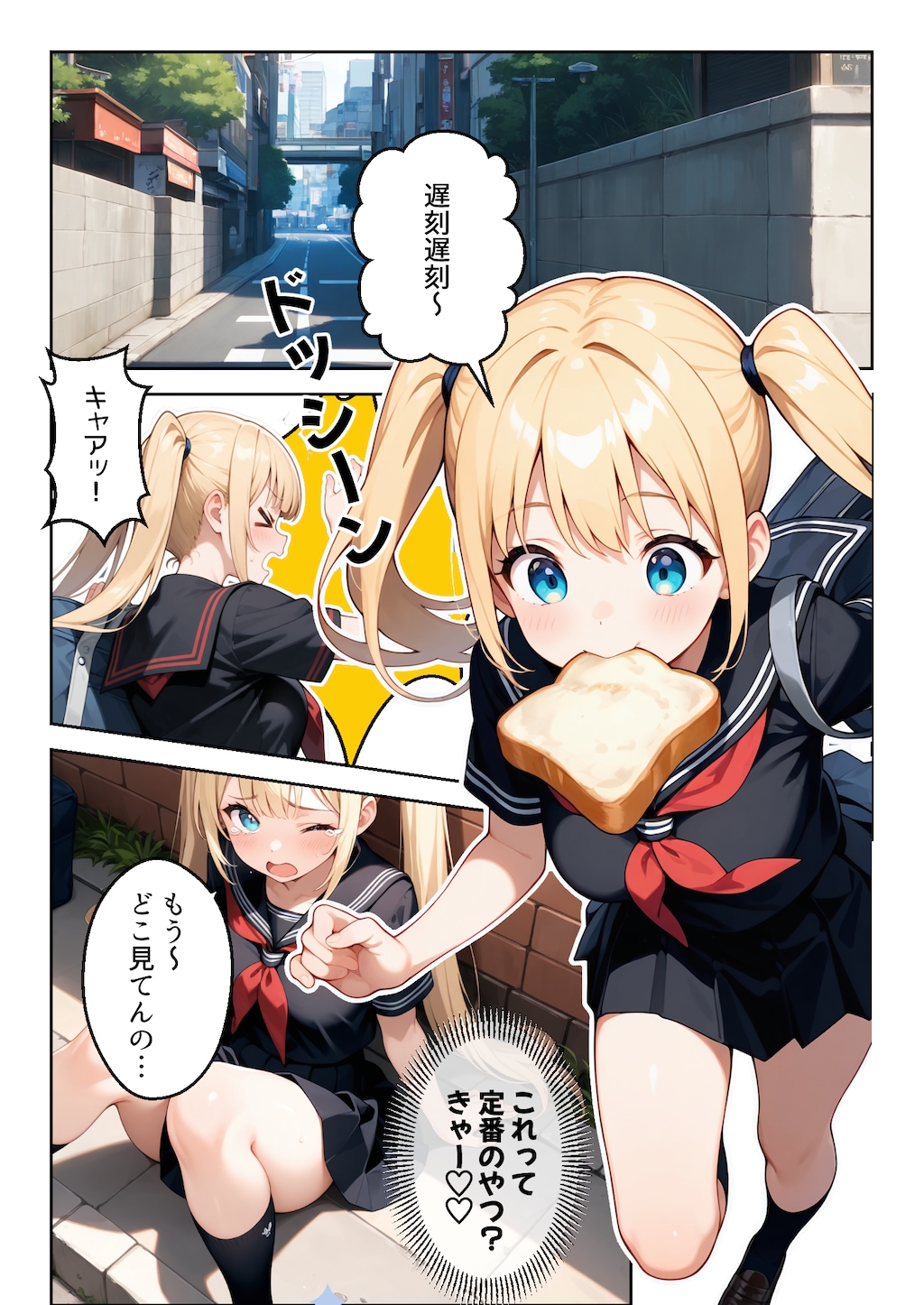 パンをくわえて走る少女