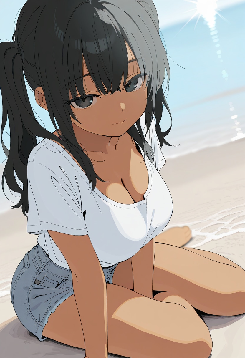 浜辺の褐色ツインテール | の人気AIイラスト・グラビア