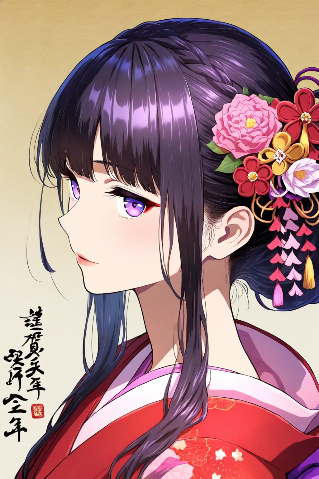 極細筆で写真の様に浮世絵調に丁寧に描いた和装美女のポートレート