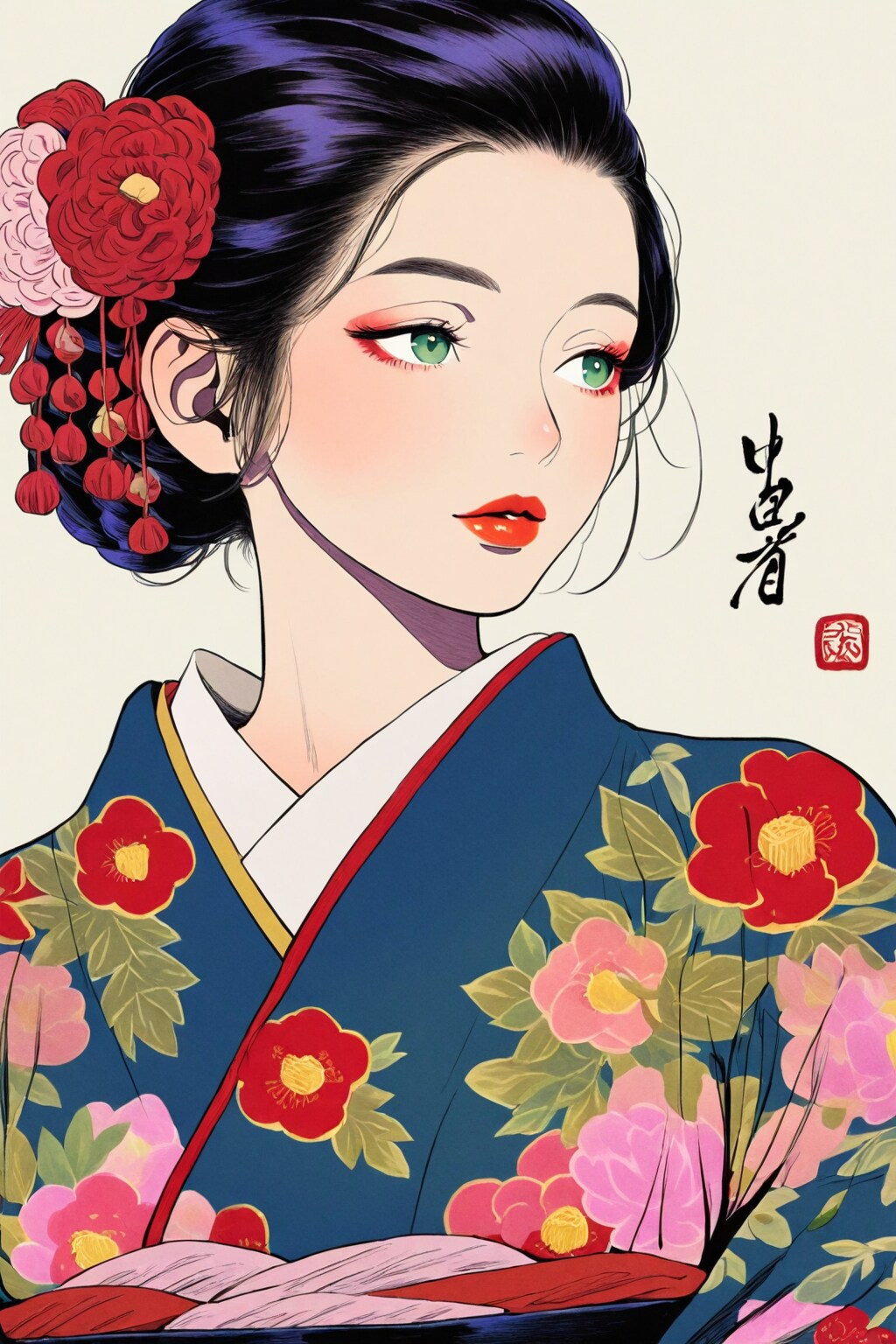 極細筆で写真の様に浮世絵調に丁寧に描いた和装美女のポートレート