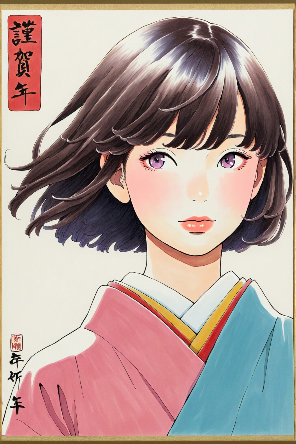 極細筆で写真の様に浮世絵調に丁寧に描いた和装美女のポートレート