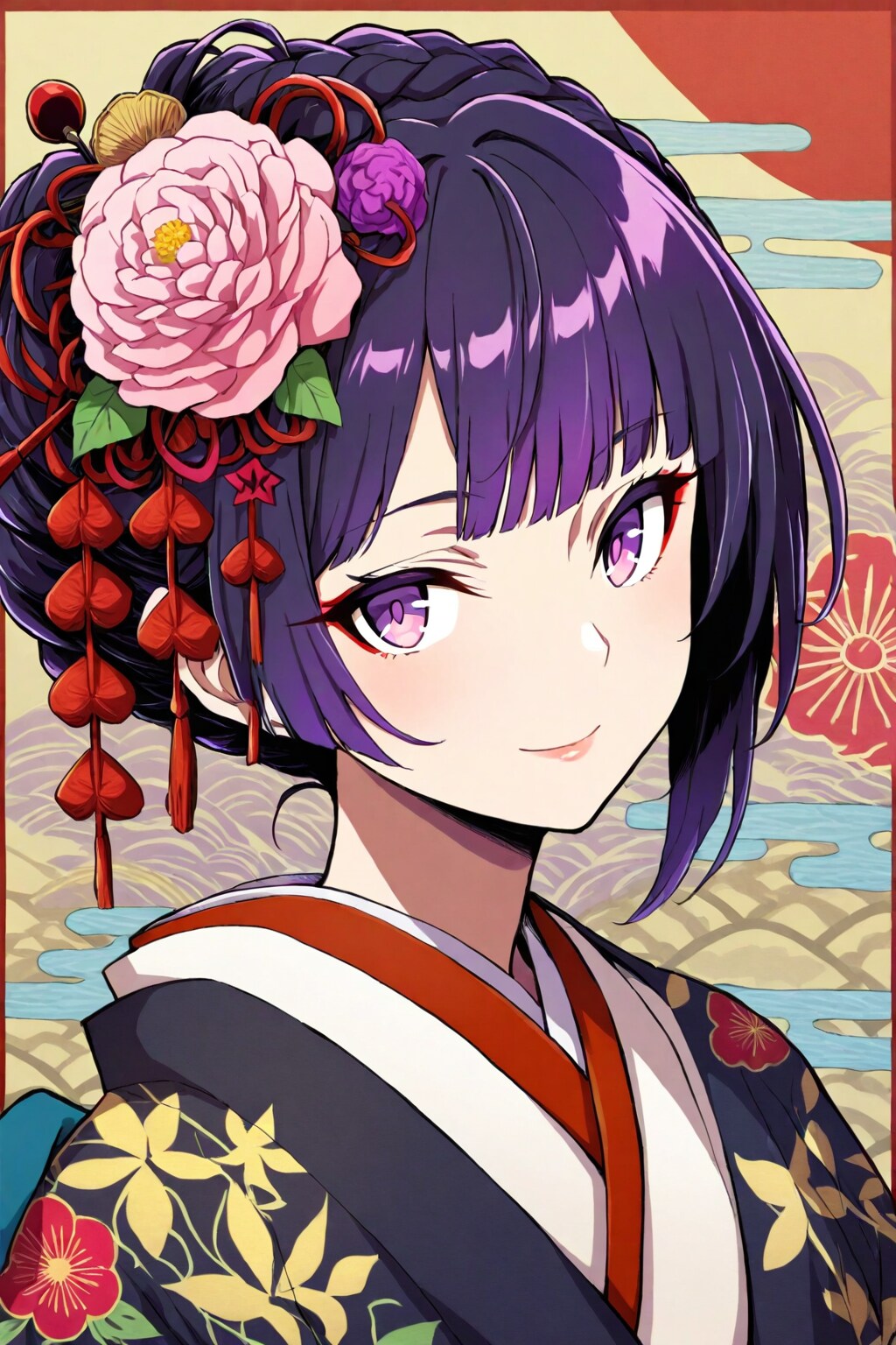 極細筆で写真の様に浮世絵調に丁寧に描いた和装美女のポートレート