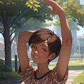 公園の芝生でくつろぐ日焼け少女 4枚目