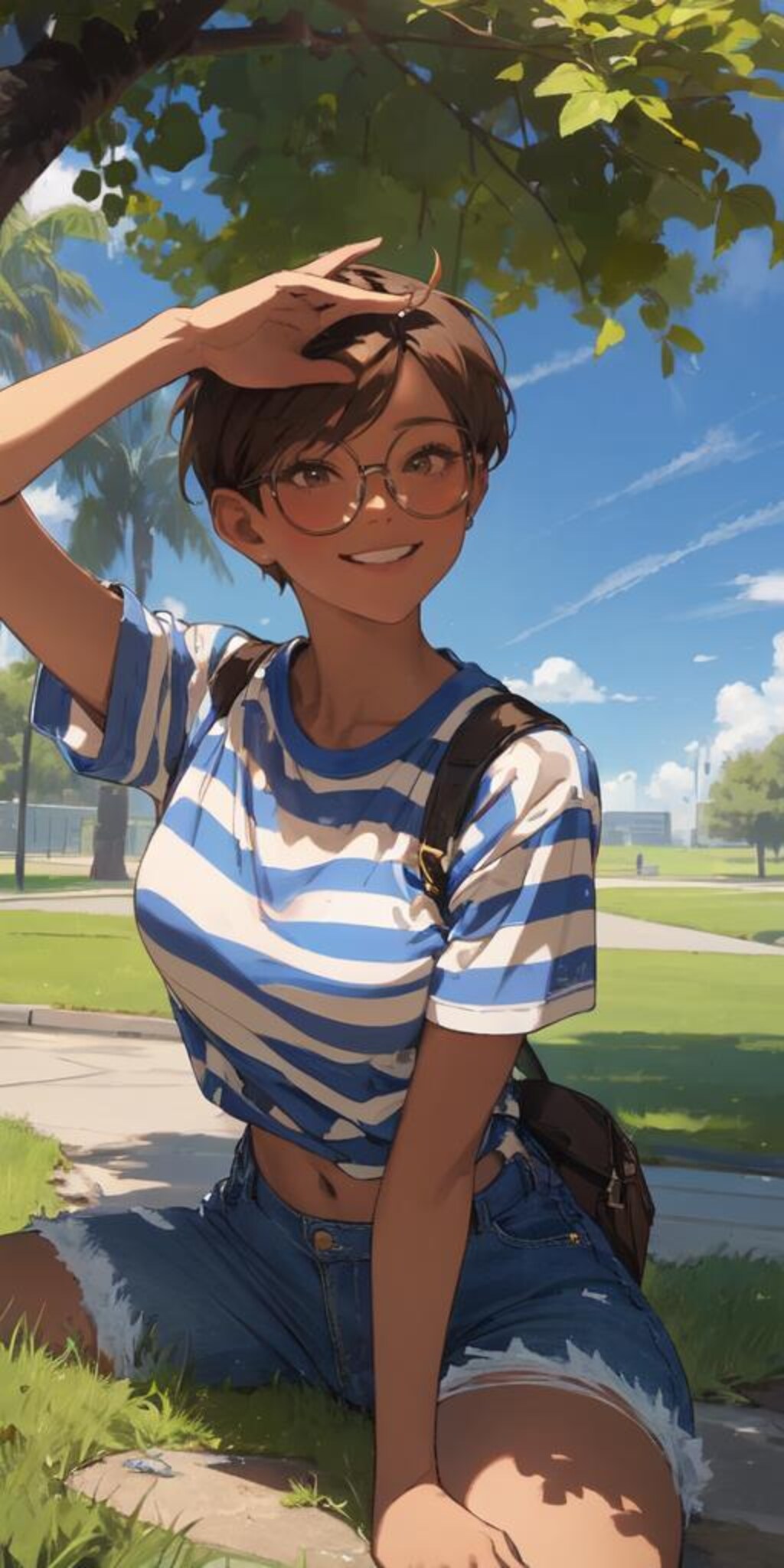 公園の芝生でくつろぐ日焼け少女