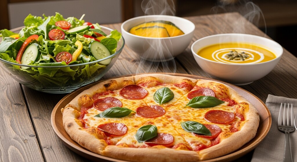 摩訶不思議食堂のピザと南瓜スープとサラダのセット