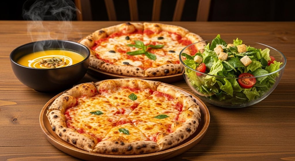 摩訶不思議食堂のピザと南瓜スープとサラダのセット