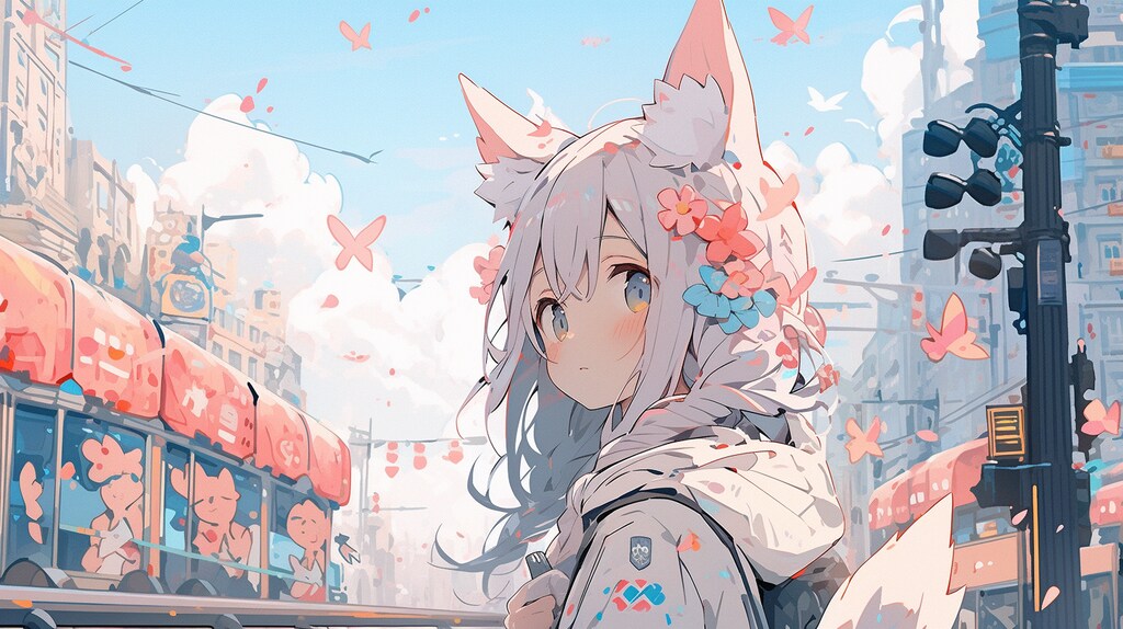 桜舞う街で出会った狐の少女