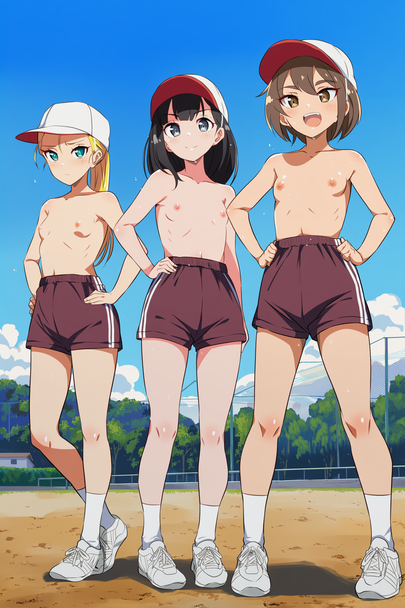 上半身裸+短パン+赤白帽
