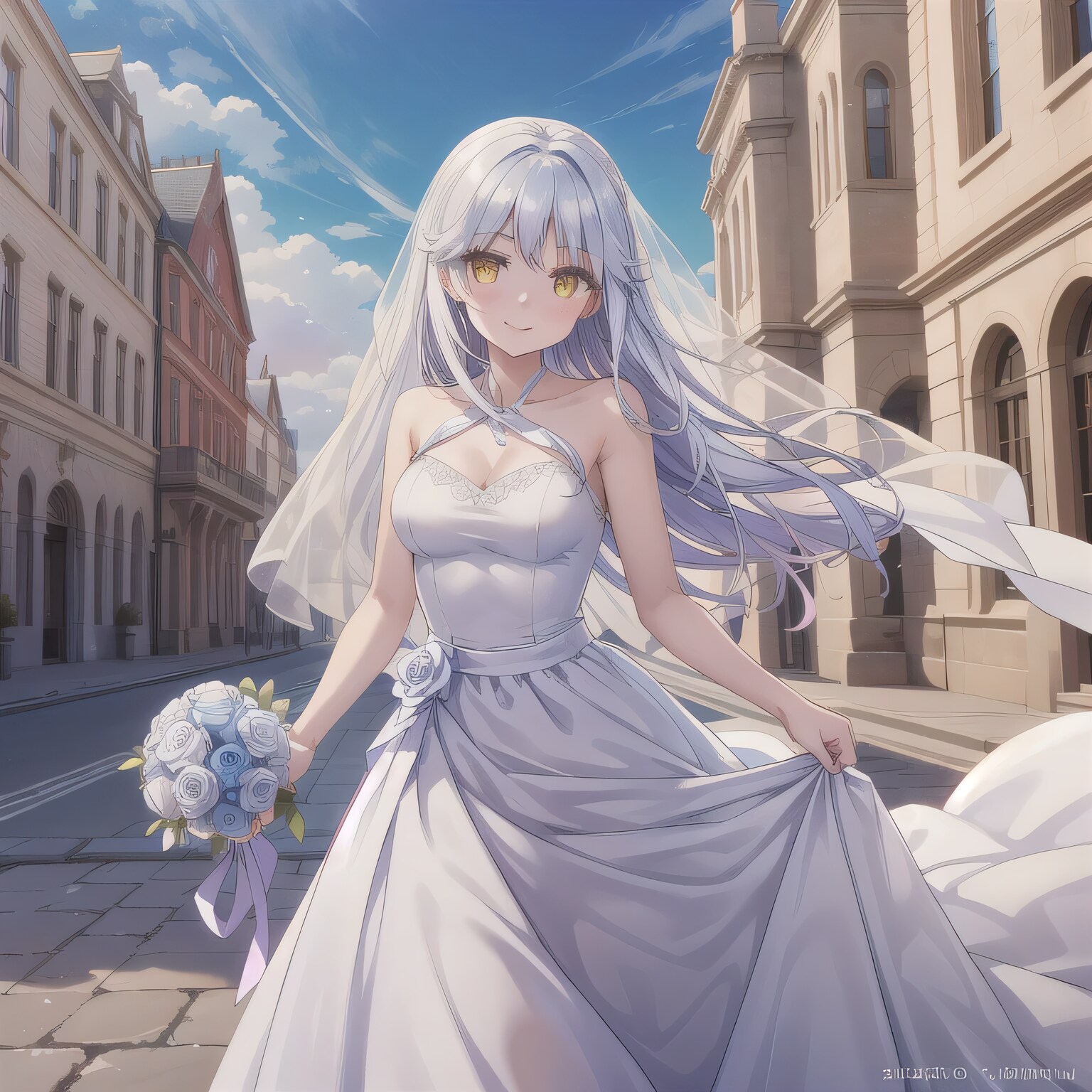 銀髪ロングでウェディングドレスの少女１２ | の人気AIイラスト・グラビア