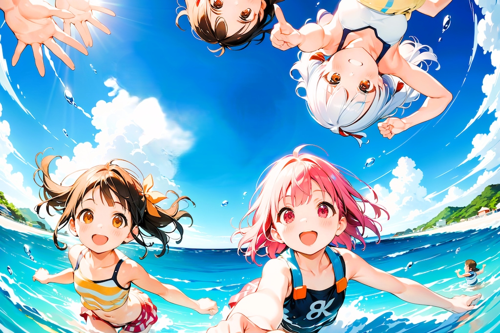 海で大はしゃぎ