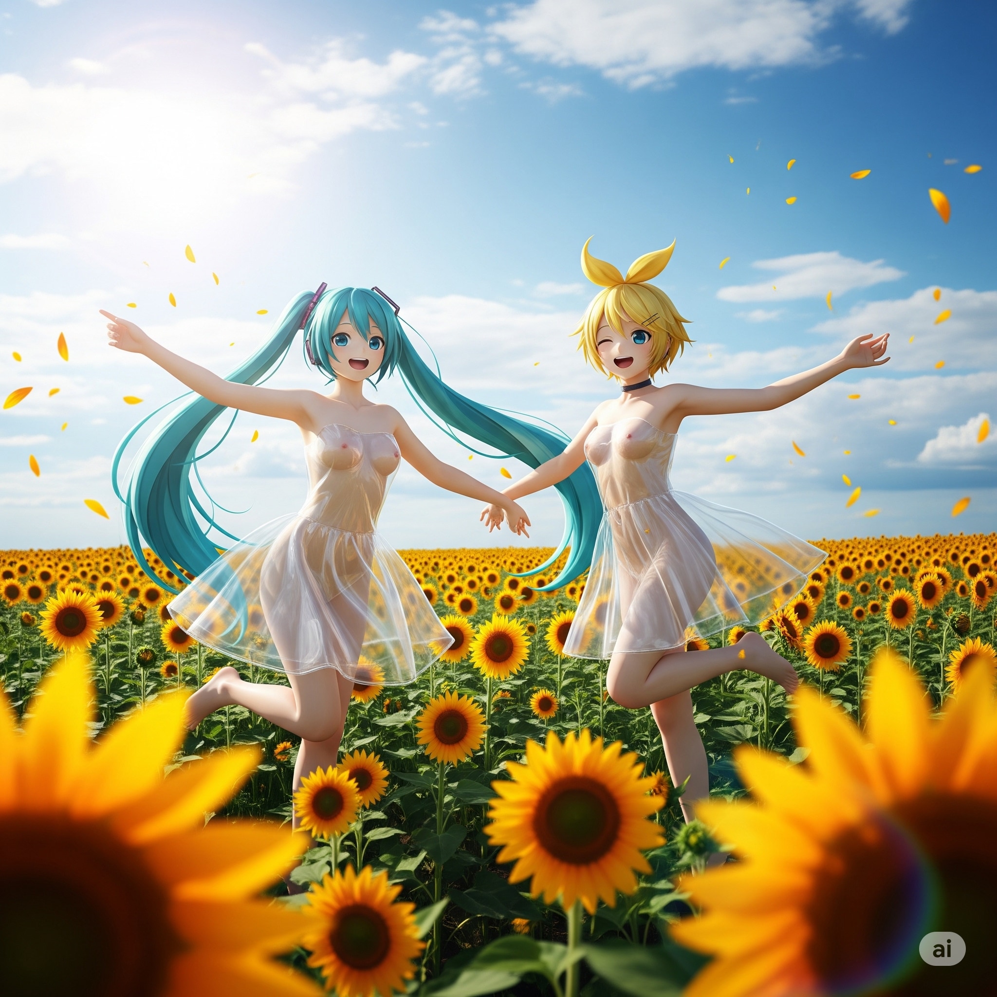 ミクさんリンさんと向日葵と
