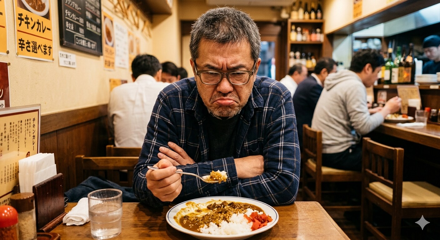 めっちゃスネながらカレーを食べるメガネをかけたおじさん
