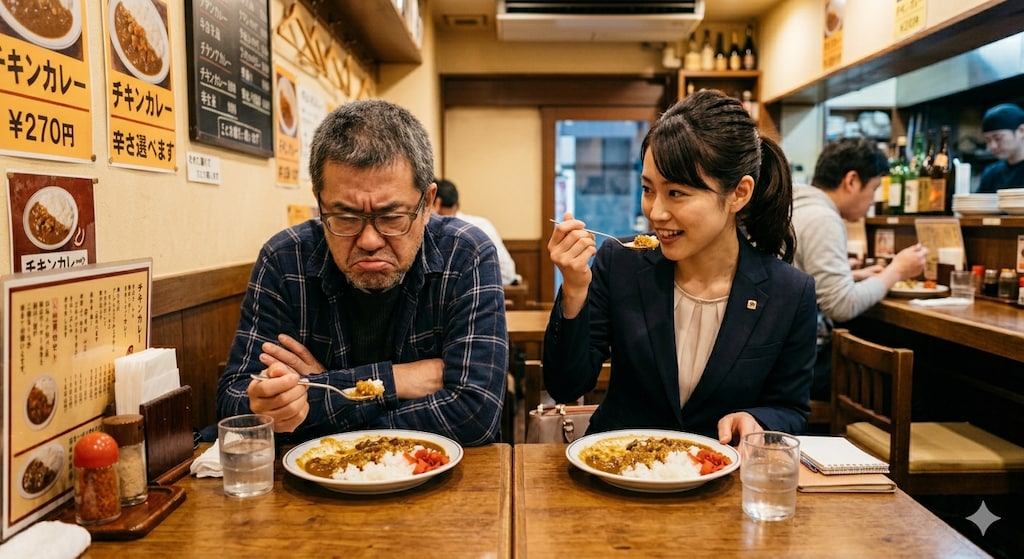 めっちゃスネながらカレーを食べるメガネをかけたおじさん