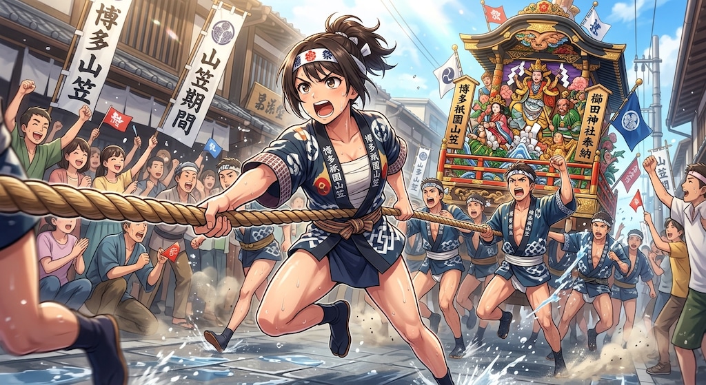舁き山笠に挑戦する凛とした姿