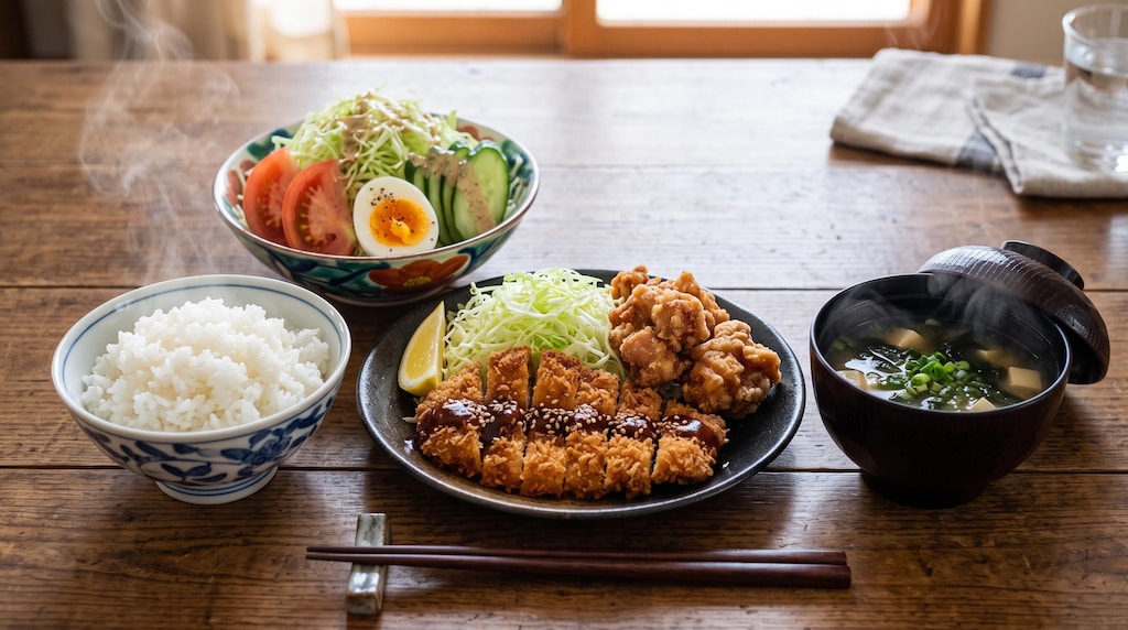 摩訶不思議食堂のとんかつと唐揚げのセット