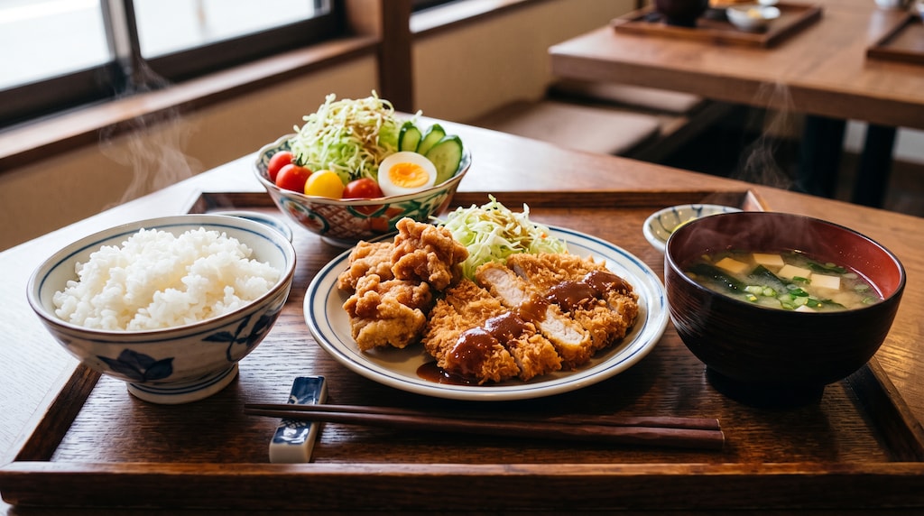 摩訶不思議食堂のとんかつと唐揚げのセット
