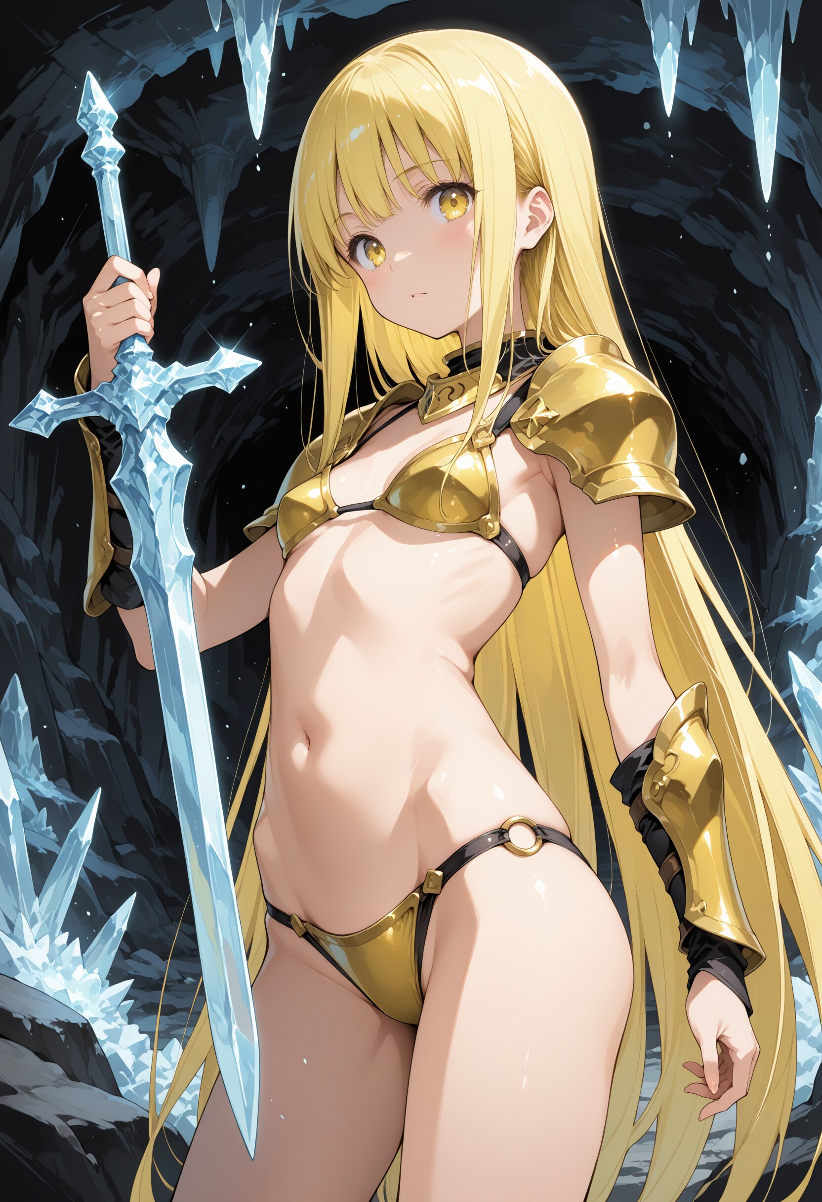 鍾乳洞で戦う戦士の女の子