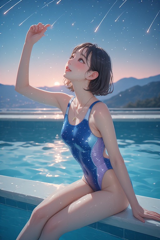 屋上のプールで流星を