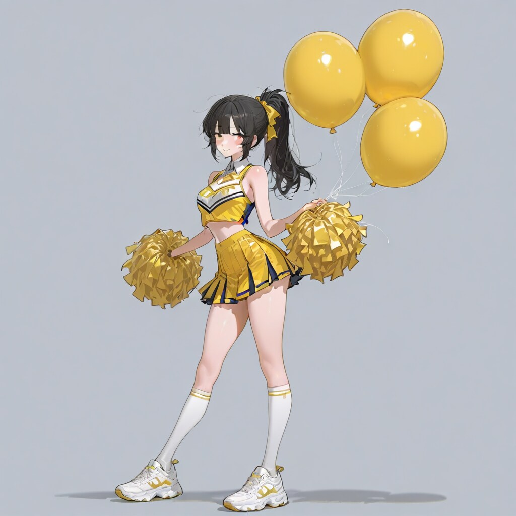 黄色の風船を持つポニーテールのチアガール衣装着た美女。 | の人気AIイラスト・グラビア