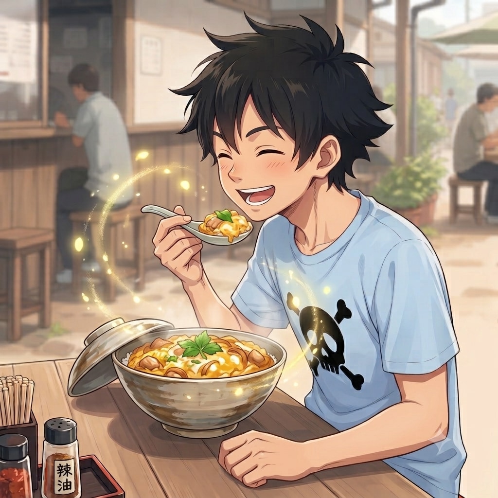 おいしそうに親子丼を食べる少年