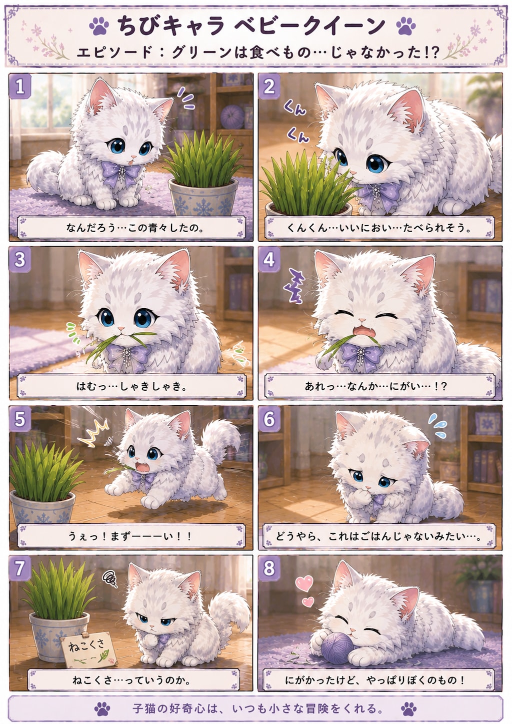 猫漫画コンテンツ6シリーズ  猫漫画6シリーズを投稿しています。  サイベリアンのクィーン 静かな圧で、今日もおっさんを整える  ちびキャラ ベビークイーン グリーンは食べ物…じゃなかった！？  クイ